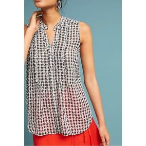 Maeve Anthropologie Gingham Swiss Dot Sleeveless Blouse Size M Black Gray